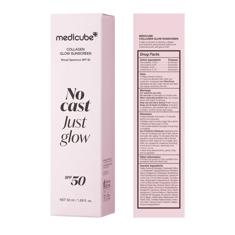 No Cast Just Glow Collagen Sunscreen | SPF 50 Broad Spectrum Face Sunscreen | Lightweight, Non-Sticky, Hydrating Formula | No White Cast or Residue | Peptide, Cica for Soothing & Natural Glow