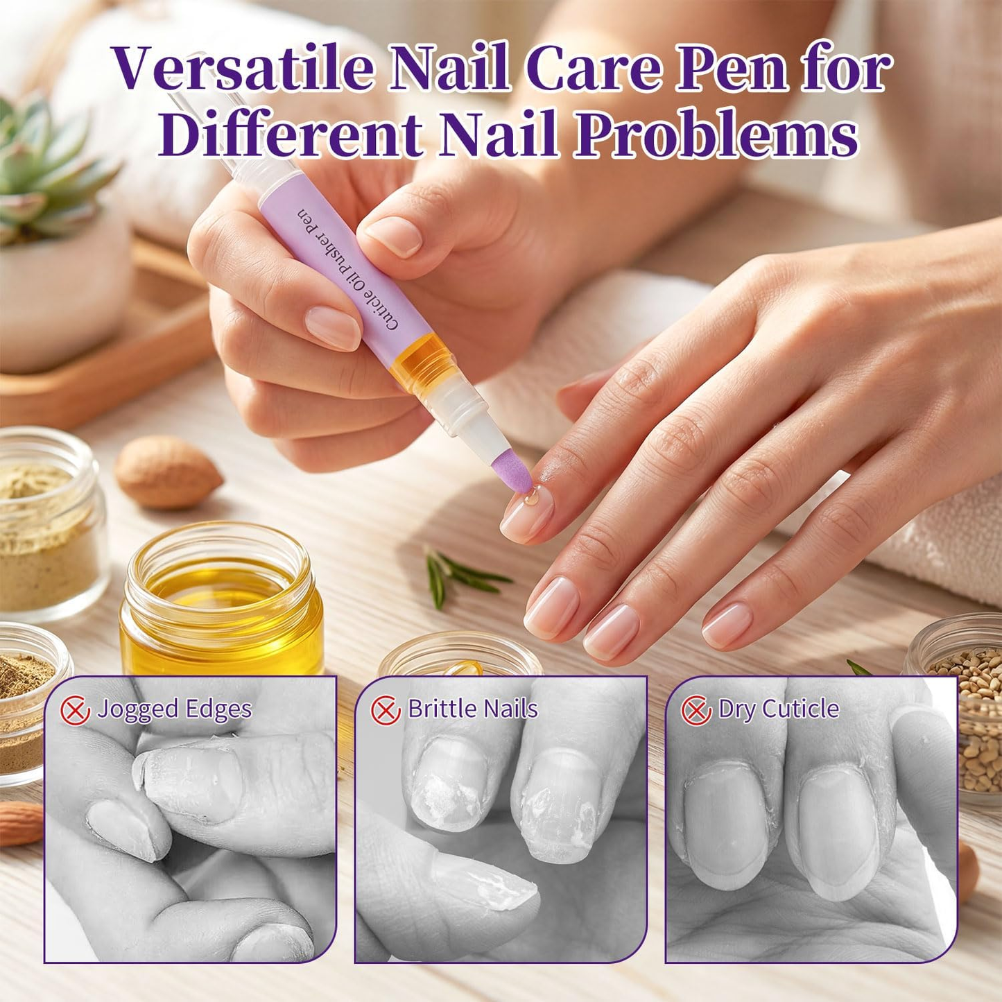 2 in 1 Cuticle Oil Pusher Pen with Ceramic Tip, Nail Cuticle Remover Nail Care Pen Tool for Dry Damaged Nails Hangnails Moisturize Polish Brighten