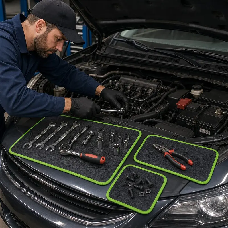 【BackToSchool】3PC Flexible Magnetic Tool Mat &amp; Tray Holder Set - Flexible Set for Garage Users, PVC Non-Slip Tool Storage for Auto Repair, Father&