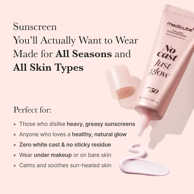 No Cast Just Glow Collagen Sunscreen | SPF 50 Broad Spectrum Face Sunscreen | Lightweight, Non-Sticky, Hydrating Formula | No White Cast or Residue | Peptide, Cica for Soothing & Natural Glow