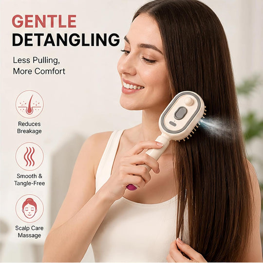 Electric Spray Air Cushion Massage Comb – Self-Cleaning Anti-Tangle Anti-Static Hair Brush | Scalp Massage &amp; Volumizing Brush for Frizzy, Dry Hair Care (No Oil Included)
