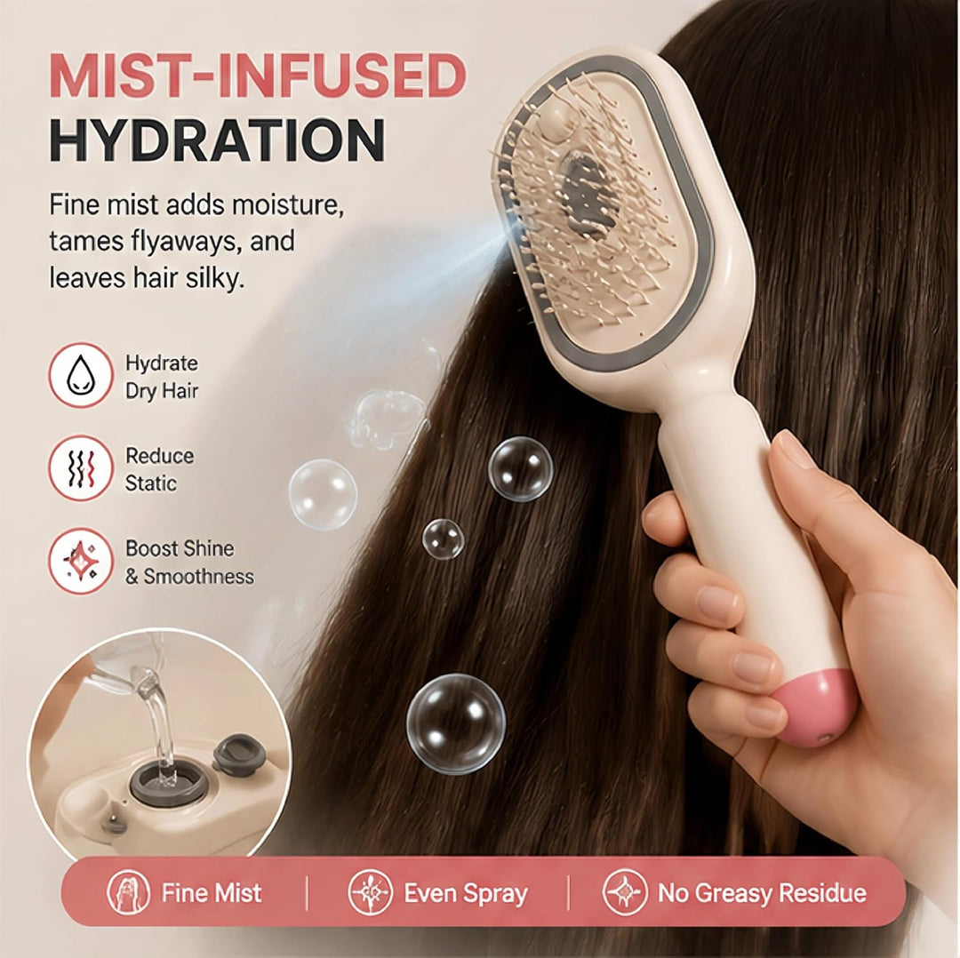 Electric Spray Air Cushion Massage Comb – Self-Cleaning Anti-Tangle Anti-Static Hair Brush | Scalp Massage &amp; Volumizing Brush for Frizzy, Dry Hair Care (No Oil Included)