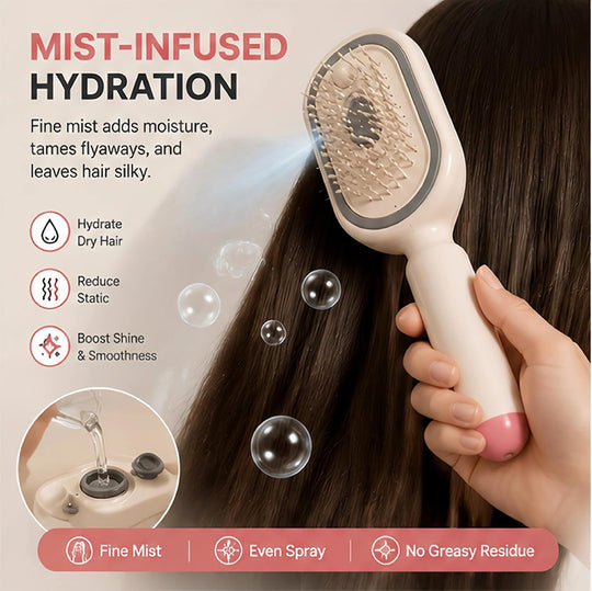 Electric Spray Air Cushion Massage Comb – Self-Cleaning Anti-Tangle Anti-Static Hair Brush | Scalp Massage &amp; Volumizing Brush for Frizzy, Dry Hair Care (No Oil Included)