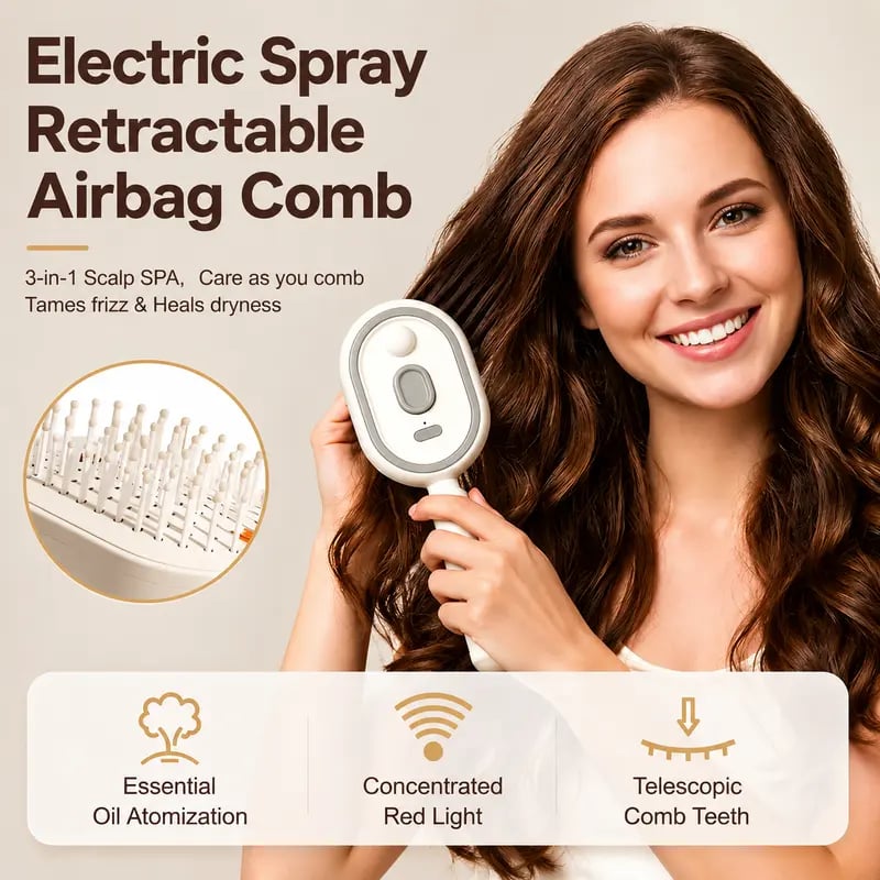 Electric Spray Air Cushion Massage Comb – Self-Cleaning Anti-Tangle Anti-Static Hair Brush | Scalp Massage &amp; Volumizing Brush for Frizzy, Dry Hair Care (No Oil Included)