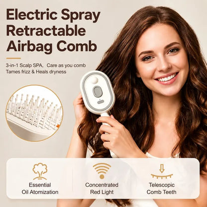 Electric Spray Air Cushion Massage Comb – Self-Cleaning Anti-Tangle Anti-Static Hair Brush | Scalp Massage & Volumizing Brush for Frizzy, Dry Hair Care (No Oil Included)