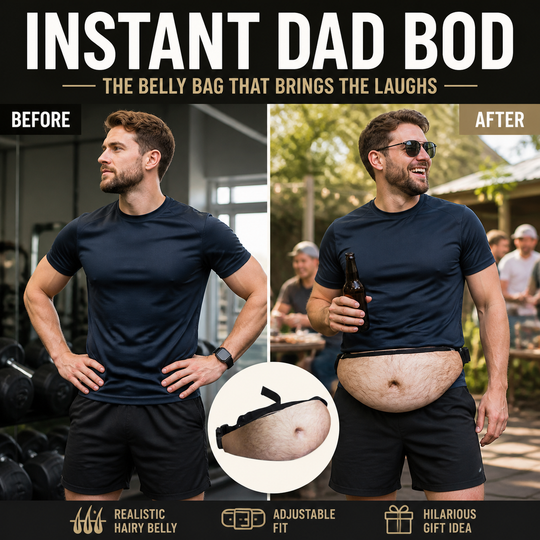 🥳Dadbag | Realistic Fake Beer Belly Bum Bag | Funny Dad Bod Waist Pack | Novelty Gag Gift for Men | With Belly Button &amp; Hairy Chest | Adjustable Black Strap