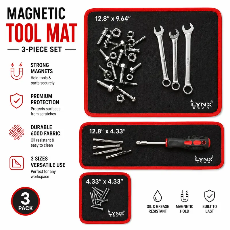 【BackToSchool】3PC Flexible Magnetic Tool Mat &amp; Tray Holder Set - Flexible Set for Garage Users, PVC Non-Slip Tool Storage for Auto Repair, Father&