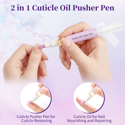 2 in 1 Cuticle Oil Pusher Pen with Ceramic Tip, Nail Cuticle Remover Nail Care Pen Tool for Dry Damaged Nails Hangnails Moisturize Polish Brighten