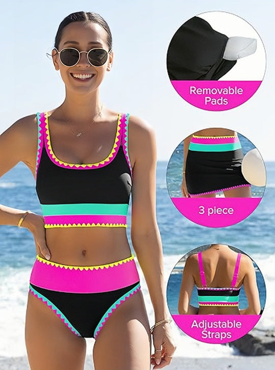 🏖️Hot Sale🌼Color Block Patchwork Nylon Sporty 3-Piece Bikini Set - High Waisted &amp; Tummy Control Swimsuit👙🌈