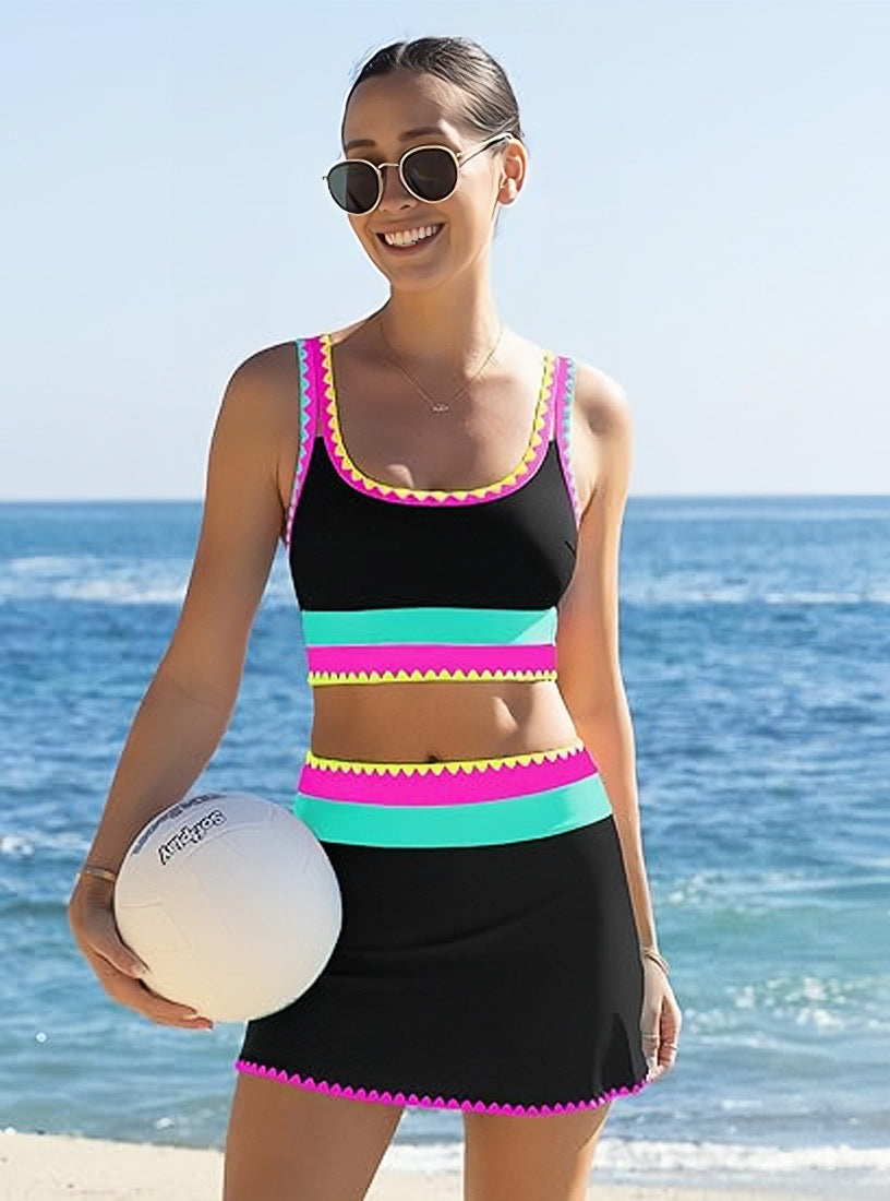 🏖️Hot Sale🌼Color Block Patchwork Nylon Sporty 3-Piece Bikini Set - High Waisted &amp; Tummy Control Swimsuit👙🌈