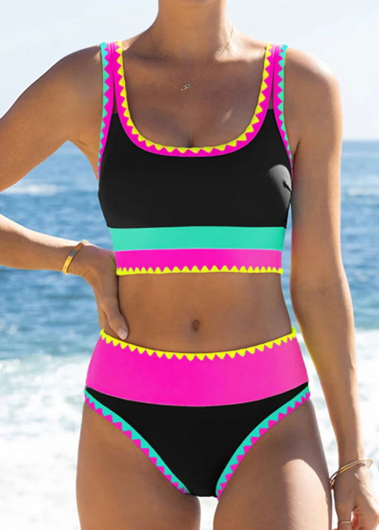 🏖️Hot Sale🌼Color Block Patchwork Nylon Sporty 3-Piece Bikini Set - High Waisted &amp; Tummy Control Swimsuit👙🌈