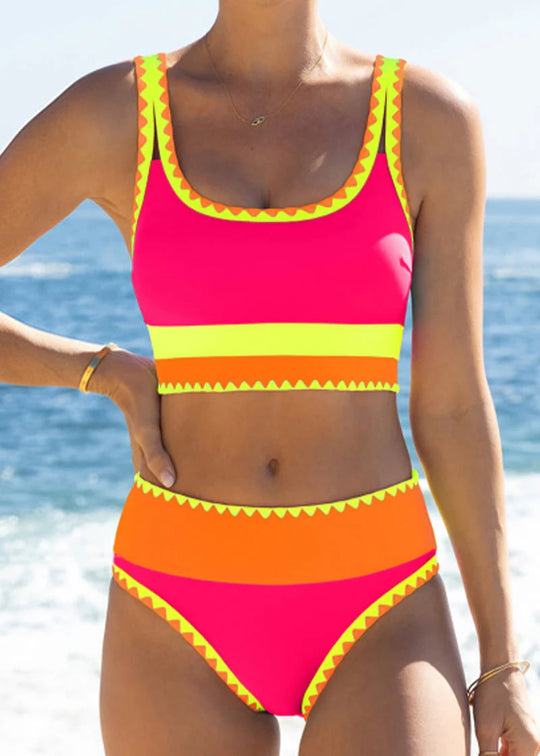 🏖️Hot Sale🌼Color Block Patchwork Nylon Sporty 3-Piece Bikini Set - High Waisted &amp; Tummy Control Swimsuit👙🌈
