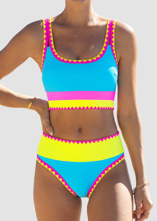 🏖️Hot Sale🌼Color Block Patchwork Nylon Sporty 3-Piece Bikini Set - High Waisted &amp; Tummy Control Swimsuit👙🌈