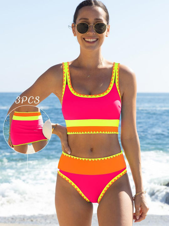 🏖️Hot Sale🌼Color Block Patchwork Nylon Sporty 3-Piece Bikini Set - High Waisted &amp; Tummy Control Swimsuit👙🌈