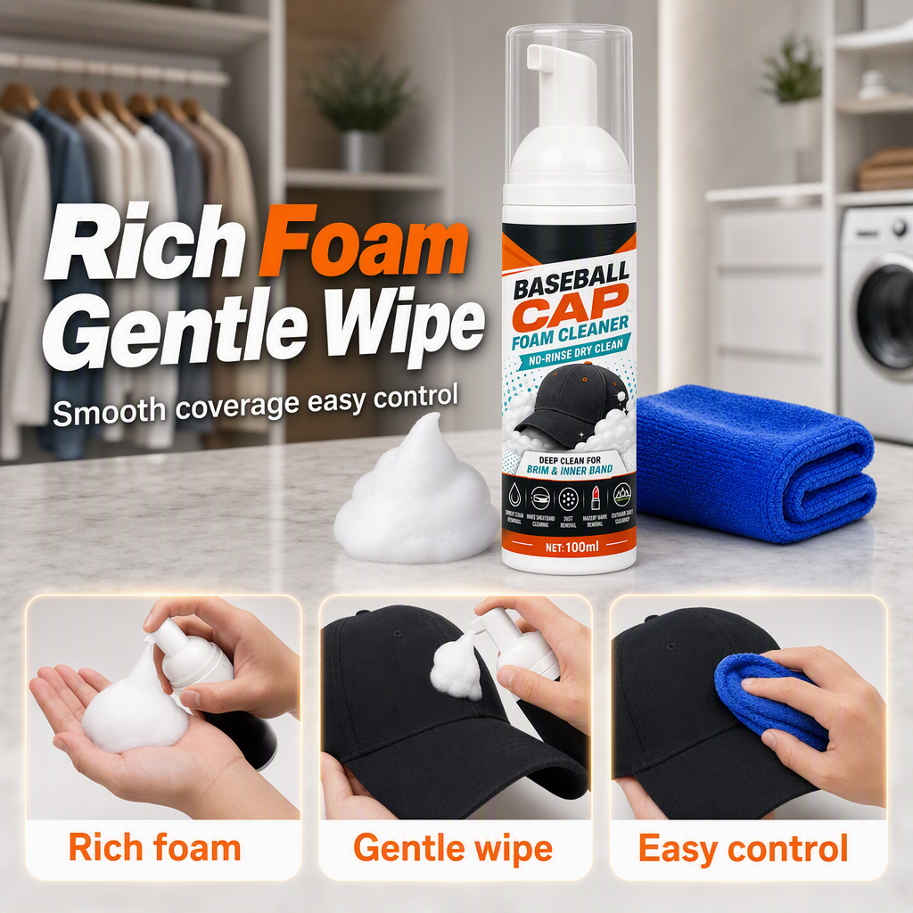 🧢50% OFF NOW! No‑Rinse Baseball Cap Foam Cleaner, Deep Clean Hat Foam Cleaning Spray, Sweat Stain &amp; Dust Remover for Baseball Hats, Quick Dry Cap Care Solution