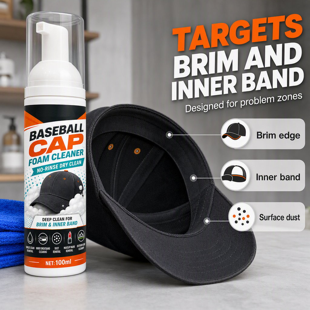 🧢50% OFF NOW! No‑Rinse Baseball Cap Foam Cleaner, Deep Clean Hat Foam Cleaning Spray, Sweat Stain &amp; Dust Remover for Baseball Hats, Quick Dry Cap Care Solution