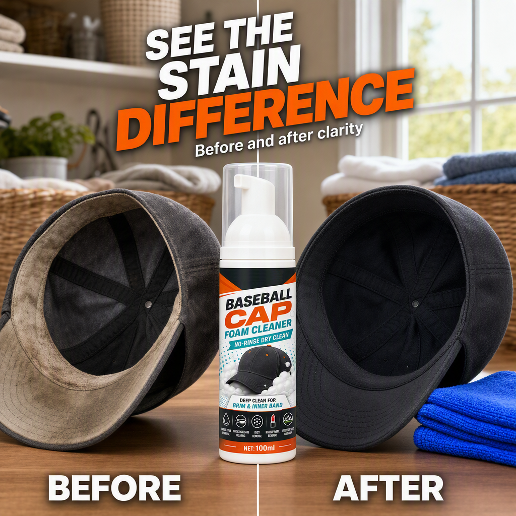 🧢50% OFF NOW! No‑Rinse Baseball Cap Foam Cleaner, Deep Clean Hat Foam Cleaning Spray, Sweat Stain &amp; Dust Remover for Baseball Hats, Quick Dry Cap Care Solution